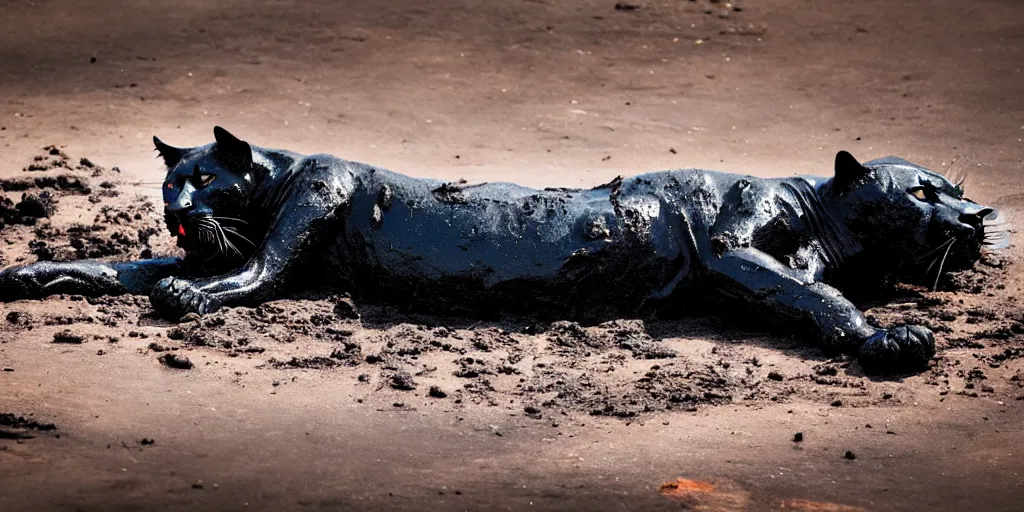 Prompt: a panther, made of tar, bathing inside the tar pit, full of tar, covered with liquid tar. dslr, photography, realism, animal photography, color, savanna, wildlife photography