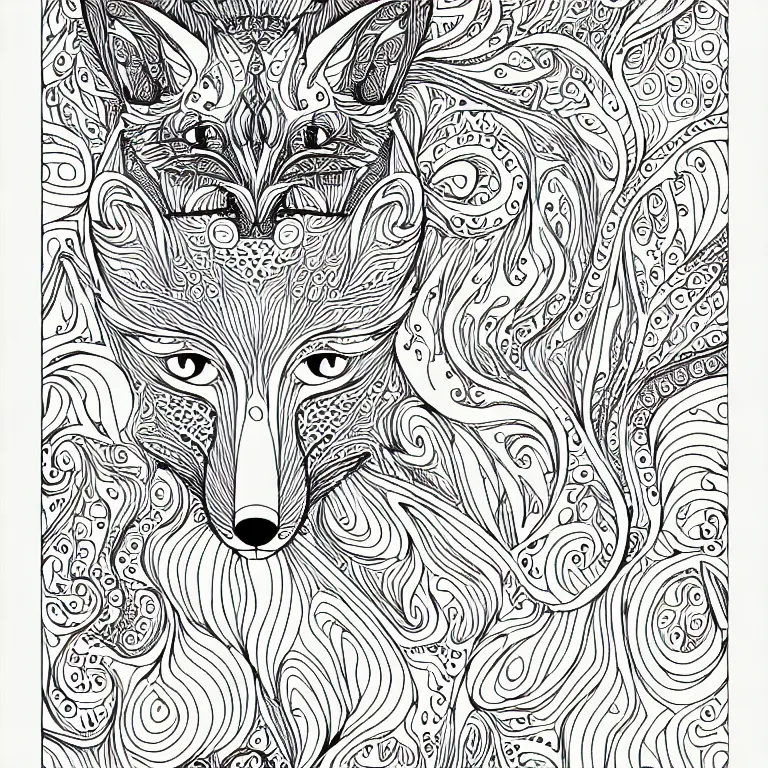 Image similar to fox ornaments fractal ink drawing line art colouring page, vector, margins, fine lines, centered