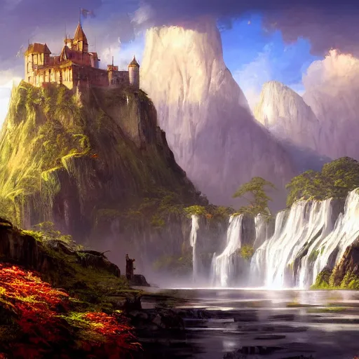 Prompt: A beautiful digital painting of a castle, waterfall, lovely valley by Stanley Artgerm Lau, frank frazetta, Rossdraws, James Jean, gerald brom, Andrei Riabovitchev, Marc Simonetti, and Sakimichan, trending on artstation