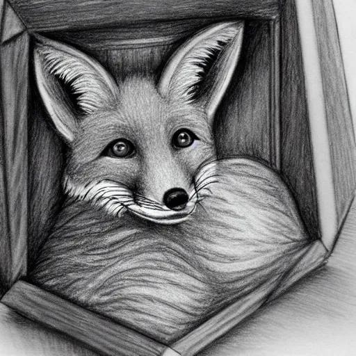 Image similar to a fox inside a box, pencil drawing, award winning, highly detailed