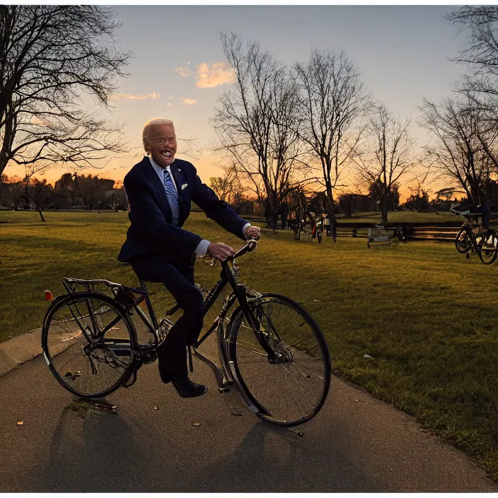 Image similar to joe biden!! falling off bike while stopping on a bike path, it is sunset and there are hundreds of ducks in the backgroud, canon eos c 3 0 0, ƒ 1. 8, 3 5 mm, 8 k, medium - format print