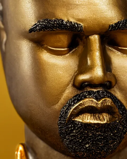 Prompt: highly detailed closeup, face profile portrait of a kanye west as a solid gold statue, depth of field, nicoletta ceccoli, mark ryden, lostfish, max fleischer, breathtaking, detailed and intricate environment, 8 k resolution, hyperrealistic, octane render