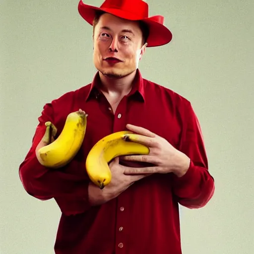 Image similar to elon musk wearing a red dress and chiquita banana hat. emotional vocal performance. photograph of the year. vivid color. high detail.