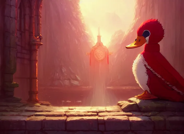 Image similar to cute fluffy mallard duck wearing red cultist robe, sacrificial altar in background, details, fantasy, epic, ancient city, landscape illustration concept art anime key visual trending pixiv fanbox by wlop and greg rutkowski and makoto shinkai and studio ghibli and kyoto animation symmetrical facial features