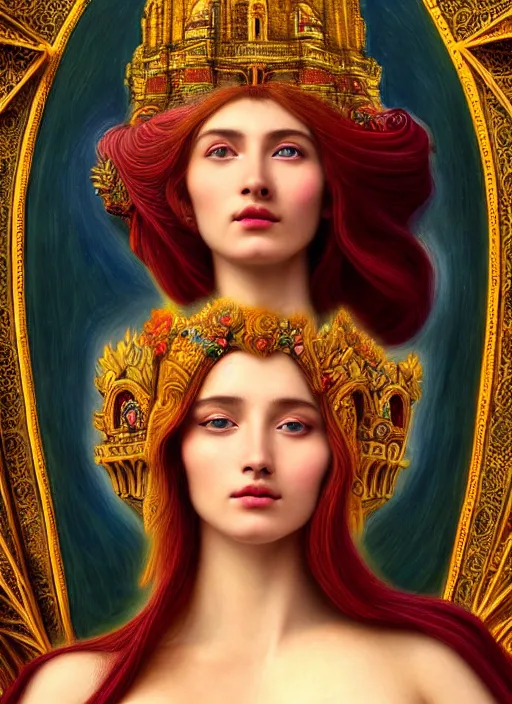 Prompt: portrait of a beautiful young goddess' face merging with a cathedral building, unusual beauty, etheric, outworldly colours, emotionally evoking symbolic metaphors, head in focus, fantasy, ornamental, intricate, elegant, highly detailed painting atyle photo, artstation, concept art, painterly, golden ratio, sharp focus, illustration, art by John William Godward and Zdzisław Beksiński, Antonio Mora,