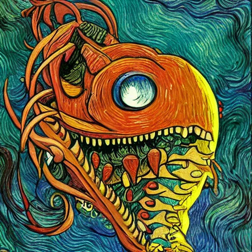 Image similar to whimsical silly detailed painting of a terrifying demon, in the style of studio ghibli and moebius and claude monet and vincent van gogh