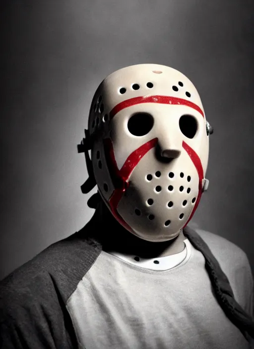 Prompt: high school year book photo of jason voorhees looking akward from the friday the 1 3 th, film shot, portrait photography, soft lighting, soft focus,