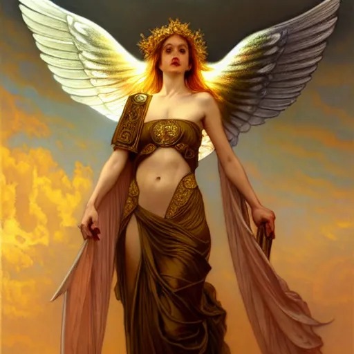 Prompt: Winged girl angel with a glowing halo, face, fantasy, intricate, elegant, dramatic lighting, highly detailed, lifelike, photorealistic, digital painting, artstation, concept art, smooth, sharp focus, illustration, art by John Collier and Krenz Cushart and Artem Demura and Alphonse Mucha and and Albert Aublet