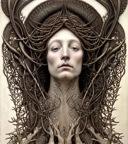 Prompt: detailed realistic beautiful bone goddess face portrait by jean delville, gustave dore, iris van herpen and marco mazzoni, art forms of nature by ernst haeckel, art nouveau, symbolist, visionary, gothic, neo - gothic, pre - raphaelite, fractal lace, intricate alien botanicals, biodiversity, surreality, hyperdetailed ultrasharp octane render