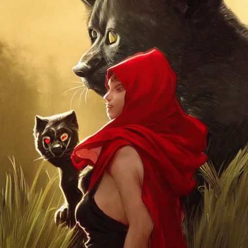 Image similar to Beautiful face Portrait of Little Red Riding Hood with a black panther, intricate, wild, highly detailed, digital painting, artstation, concept art, smooth, sharp focus, illustration, art by artgerm and greg rutkowski and alphonse mucha, footage from space camera