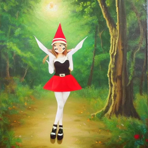 Image similar to cute elf young woman being kawaii and dancing happily through the forest. Award winning oil painting
