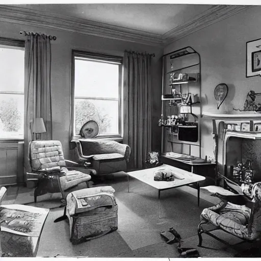 Prompt: a typical American living room from 1949