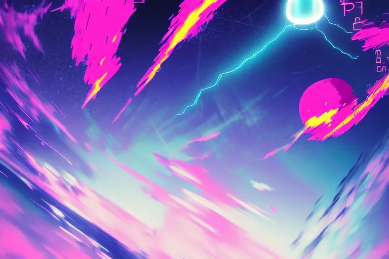 Image similar to time and space falling in on itself, electricity, time and space falling in on itself, dayglo pink, time and space falling in on itself, dayglo blue, time and space falling in on itself, end of evangelion, time and space falling in on itself, trending on artstation