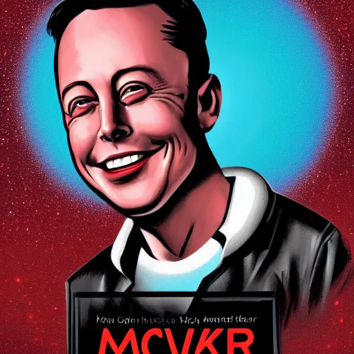 Image similar to movie poster of elon musk as a villain who looks at the planet mars with a macabre smile, his face is illuminated with a red light, john alvin style