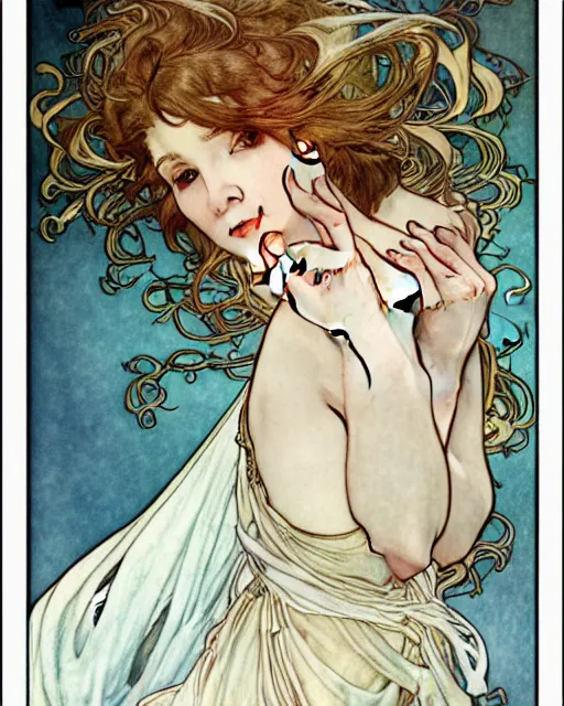 Image similar to in the style of artgerm, arthur rackham, alphonse mucha, evan rachel wood, flowing white dress