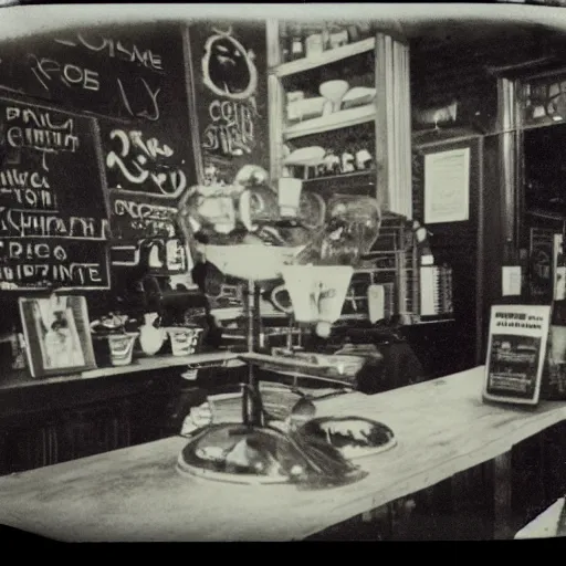 Image similar to a very beautiful old Polaroid picture of lovecraftian monster inside a coffee shop, award winning photography