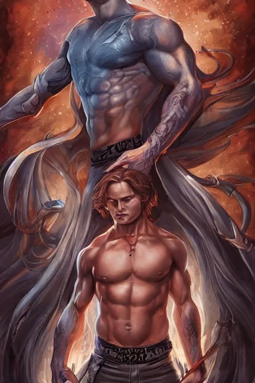 Image similar to muscular sam winchester as a mage tattooed in the cover of an acotar book, sarah j. maas, d & d!, fantasy style, sharp focus!, ultra detailed, art by artgerm and peter andrew jones, wlop