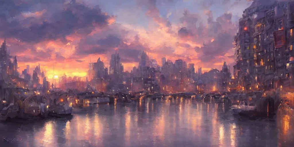 Prompt: stunning painting of an city from 1 7 0 0 during sunset by krenz cushart