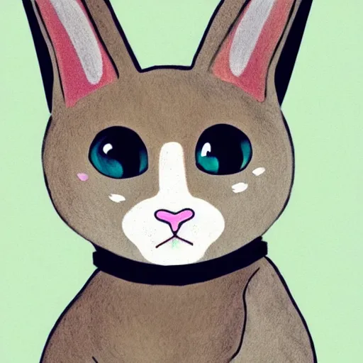 Prompt: a cute mix between a rabbit and a cat, beige, big green eyes, cute, concept art style