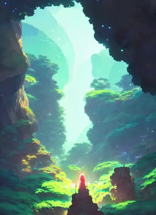 Image similar to a cave where can see a super nice garden, neon circular light round it, illustration concept art anime key visual trending pixiv fanbox by wlop and greg rutkowski and makoto shinkai and studio ghibli