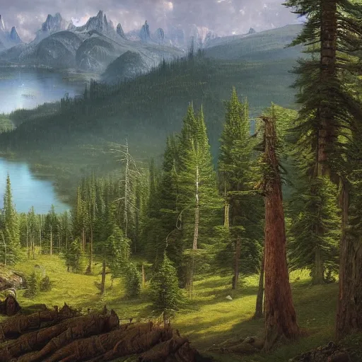 Image similar to a beautiful and highly detailed matte painting of an epic lush mountain range stretching into the distance, fir trees, pine trees, flowers, a lake in the distance, intricate details, epic scale, insanely complex, 8 k, sharp focus, hyperrealism, very realistic, by caspar friedrich, albert bierstadt, greg rutowski, james gurney, zeen chin,