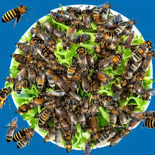 Prompt: 8 k photograph of bees flying over salad