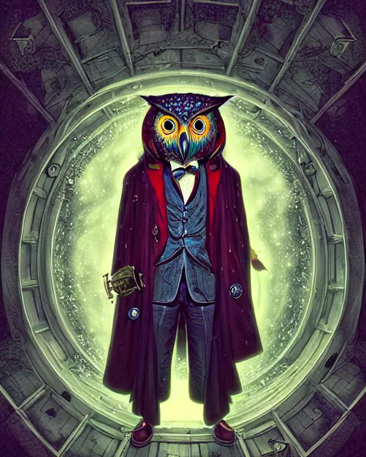 Image similar to anthropomorphic art of a timelord owl inside tardis, victorian inspired clothing by artgerm, victo ngai, ryohei hase, artstation. fractal papersand books. highly detailed digital painting, smooth, global illumination, fantasy art by greg rutkowsky, karl spitzweg, doctor who