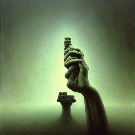 Image similar to arm reaching out of thick fog, marble tablets, zdzislaw beksinski