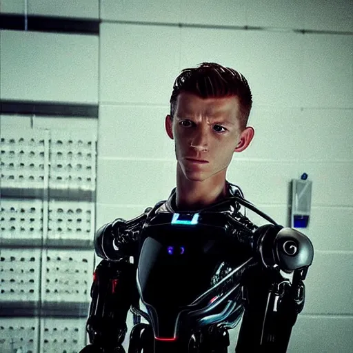 Prompt: “a realistic detailed photo of a guy who is the terminator robot, who is a male android, Tom Holland, shiny skin, red eyes, posing like a statue, blank stare”