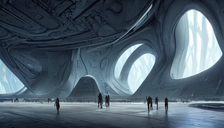 Image similar to the inside of a monument with alien motifs, by tim blandin and arthur haas and bruce pennington and john schoenherr, big windows architecture by zaha hadid, octane render, cinematic, scenery, cgsociety, modernism, futuristic, trending on artstation, sci - fi, high detail, high quality, close up angle, people walking