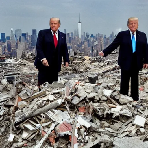 Image similar to a wide shot of Rudy Giuliani and Donald Trump holding hands on top of the world trade center rubble pile in new york