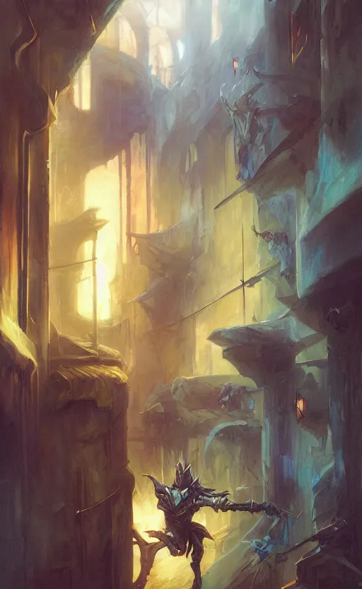 Prompt: twin blade assassin sneaking through an alley by michael whelan and noah bradley and frank frazetta and vladimir volegov and delphin enjolras and daniel f. gerhartz