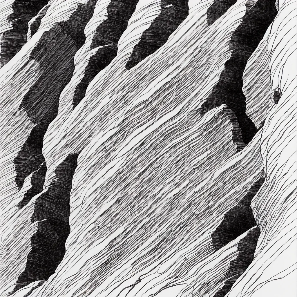 Image similar to slot canyons by moebius, minimalist ink drawing with long lines