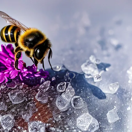 Image similar to a bee finding a beautiful flower, entrapped in ice, only snow in the background, beautiful macro photography, ambient light