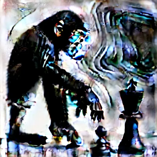 Image similar to black and white portrait photo of a monkey eating a chess piece by annie liebovitz,