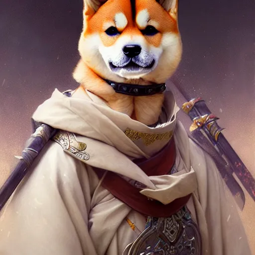 Image similar to portrait painting of a cute shiba inu warrior with crown, ultra realistic, concept art, intricate details, eerie, highly detailed, photorealistic, octane render, 8 k, unreal engine. art by artgerm and greg rutkowski and charlie bowater and magali villeneuve and alphonse mucha