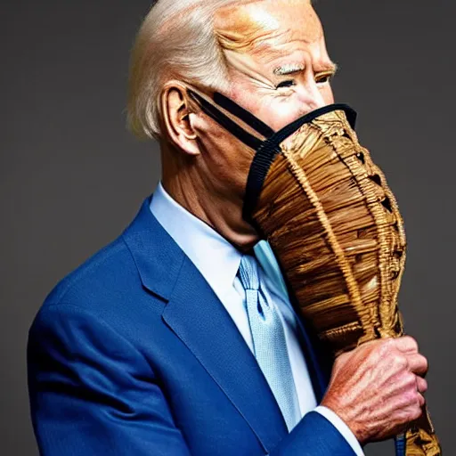 Image similar to uhd candid photo of joe biden wearing a basket muzzle, with accurate face, real muzzle, uhd, studio lighting, correct face, photo by annie leibovitz