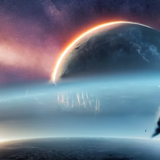 Image similar to photo of a meteor hitting the planet earth, movie still, collision, apocalyptic, cinematic, intense, detailed, distruction, 4 k, 8 k, by michel bay,