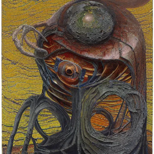 Prompt: a detailed, impasto painting by shaun tan and louise bourgeois of an abstract forgotten sculpture by ivan seal and the caretaker, weirdcore folk album cover