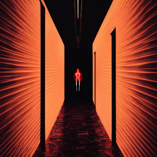 Image similar to photograph of an extremely dark narrow hallway with glowing humanoid cryptid made out of television static, dark deep black shadows, red and black color contrast in the style of trevor henderson, liminal space, 3 d octane render, glitch effect