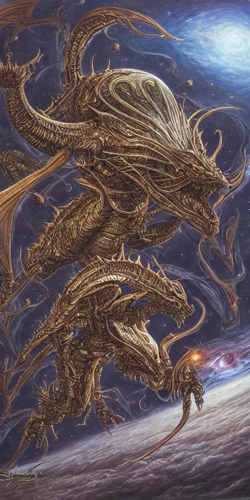 Prompt: metallic alien space dragon by dan seagrave art