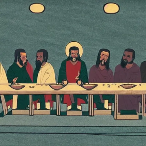 Image similar to Kanye at the last supper, Japanese woodblock art style