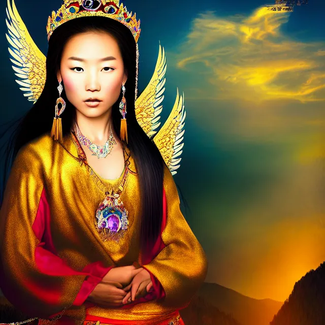 Image similar to beautiful asian mongolian princess goddess with angelic wings in a sensual pose, princess wearing a crown with gemstones, near lake baikal, atmospheric lighting, painted, intricate, volumetric lighting, beautiful, rich deep colours masterpiece, sharp focus, ultra detailed, in the style of bagshaw tom