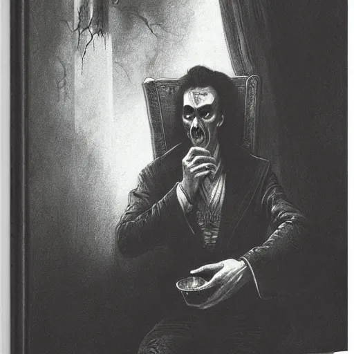 Prompt: dracula drinking coffee, creepy atmosphere, dark, portrait, realistic, very realistic, illustration by Gustave Doré