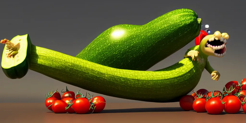 Image similar to detailed 3 d render of a raging zucchini!! character chasing!! down a desperate tomato!, high speed action, explosions, dramatic scene, hyper realistic octane render, cinematic lighting, deviantart, black sky, lowbrow, frame from pixar movie