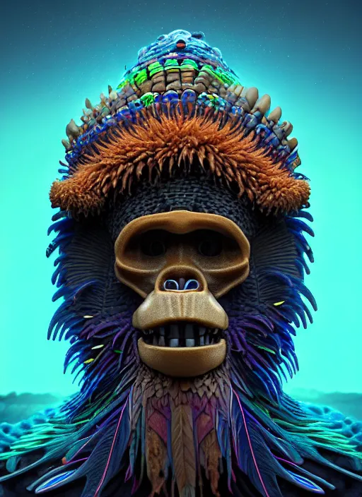 Image similar to 3 d ape shaman profile portrait, sigma 5 0 0 mm f / 5. beautiful intricate highly detailed quetzalcoatl skull and feathers. bioluminescent, plasma, lava, ice, water, wind, creature, thunderstorm! artwork by tooth wu and wlop and beeple and greg rutkowski, 8 k trending on artstation,