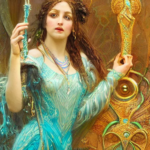 Image similar to artstation, intricate detail, by gaston bussiere, tan skin, lady of elche, egyptian sumerian features, techno mystic dominatrix goddess intergalactica, inanna with aqua neon rapunzel dreadlocks,