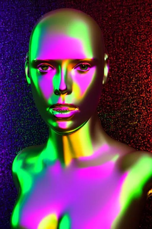 Image similar to 3d render of holographic human robotic bust made of glossy iridescent, bust, surrealistic 3d illustration of a human non-binary, non binary model, 3d model human, cryengine, made of holographic texture, holographic material, holographic rainbow, concept of cyborg and artificial intelligence