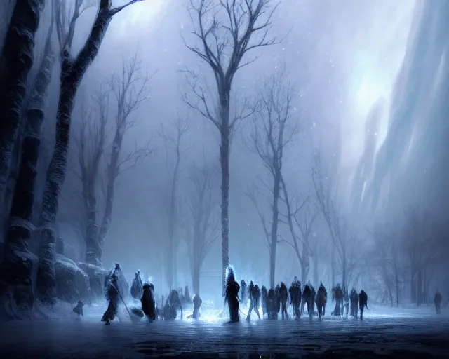 Image similar to in the north niflheim formed and it became such a dark and cold place that there was nothing else than ice and frost and fog, norse mythology, beautiful digital painting in the style of wlop, volumetric lightning, intricate details, ultra realistic, by art germ, by gerald brom, fantasypunk, deep colors, trending cgsociety, artstation, sharp