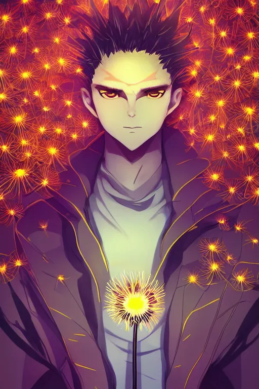 Image similar to glowing luminescent dandelion male anime character, symmetrical, highly detailed, digital art, sharp focus, trending on art station, amber eyes, autumnal colours